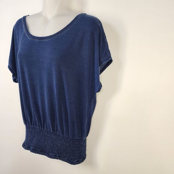 White House Black Market Womens Tee Small Smocked Hem Blue Short Sleeve Lyocell - Picture 4 of 9